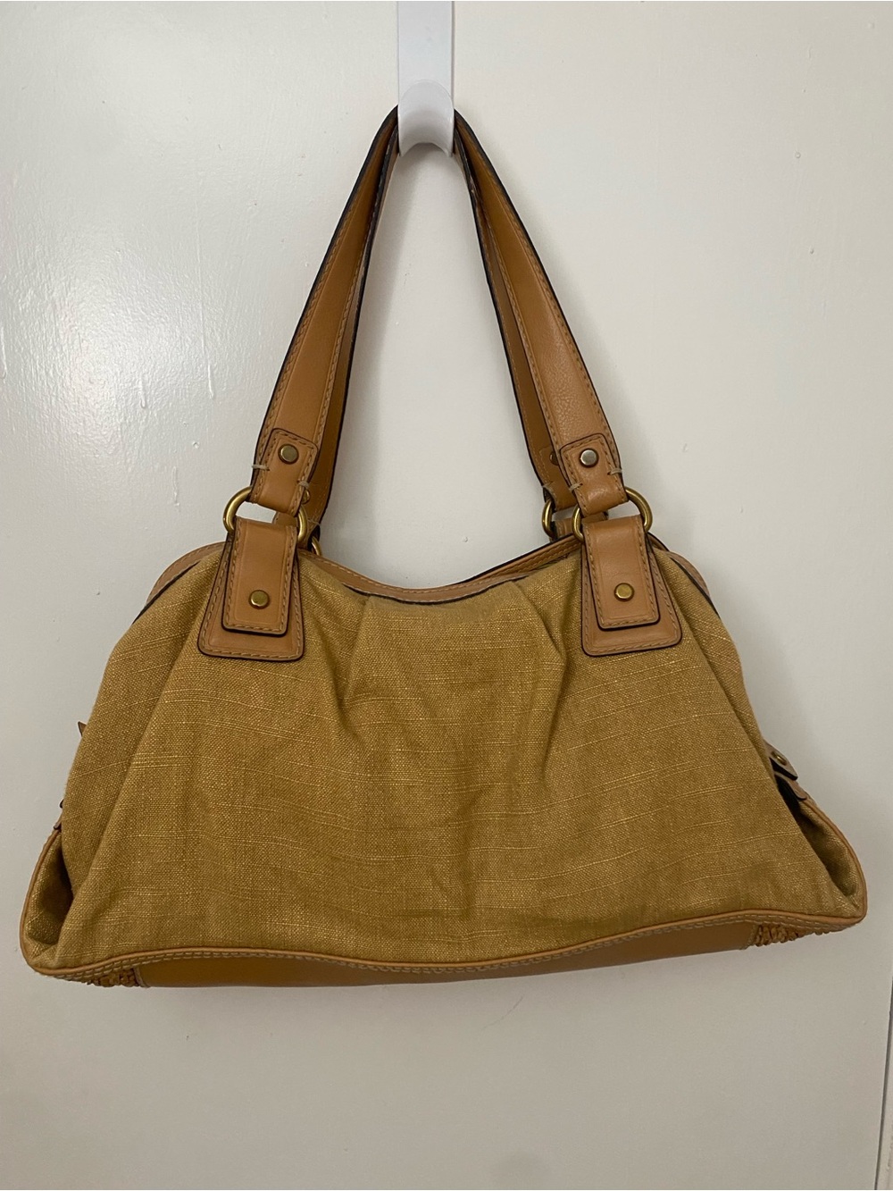 Fossil Brown Linen & Vegan Leather Large Shoulder Bag Woven Trim Details